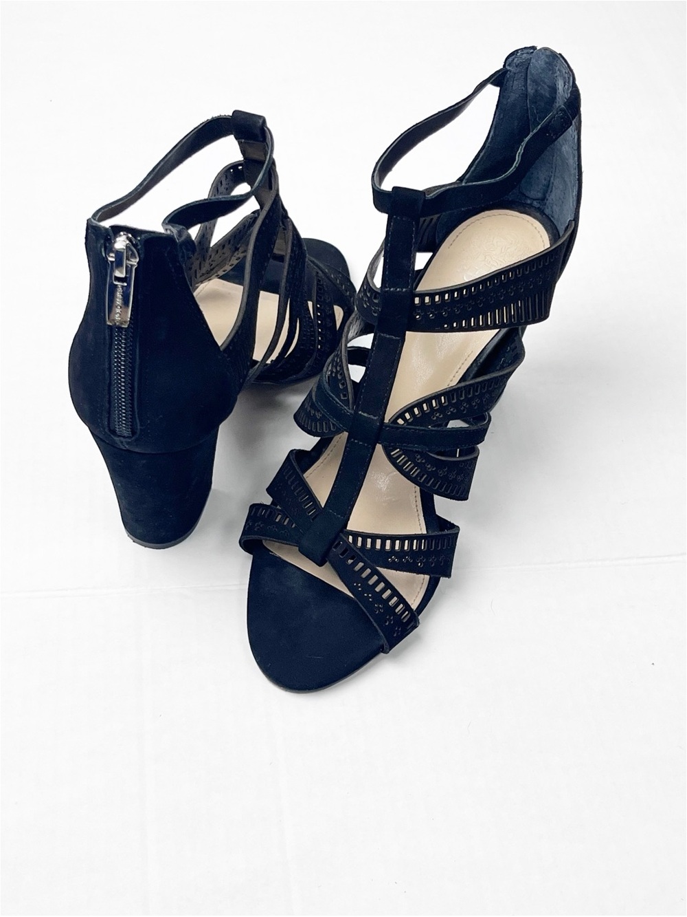 VINCE CAMUTO Nizana Black Leather Upper Strappy Back Zip Block Heels Size 9M